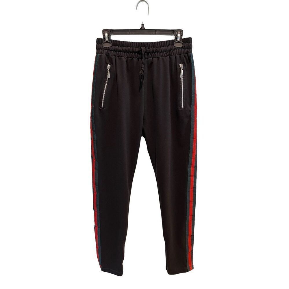 American Stitch black joggers with green and red side stripes and zip pockets -